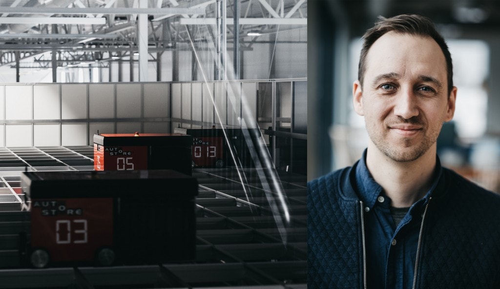 AutoStore robots working in the dark and portrait of Niklas Poulsen