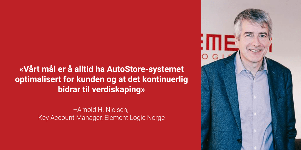 Portrettbilde av Key Account Manager Arnold Nielsen med sitatet "Vårt mål er å alltid ha AutoStore-systemet optimalisert for kunden og at det kontinuerlig bidrar til verdiskaping"