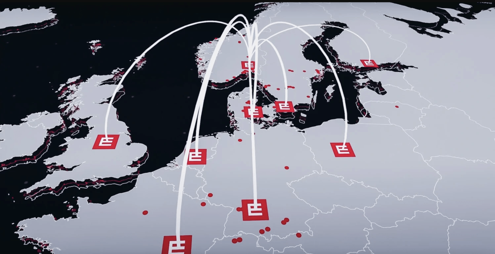 Et kart over europa med Element Logic logoen i alle land hvor de har kontor.