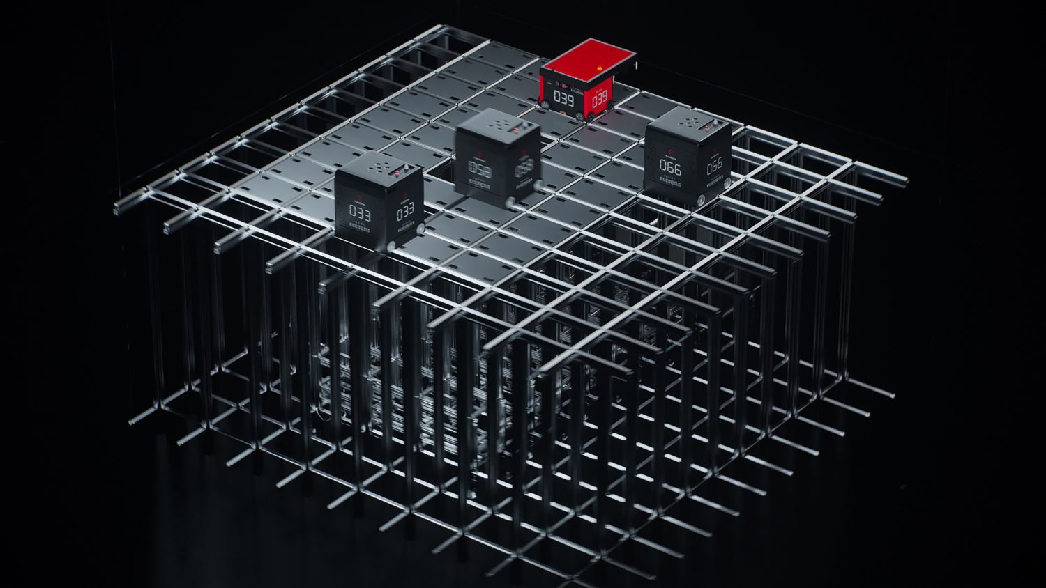 AutoStore Grid Illustration with Black Line Robots on Top of the Grid